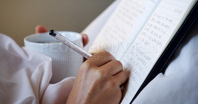 Buy stock photo Hands, writing and person in home with diary, storytelling and self reflection for stress relief. Coffee, notebook and journaling at house with notes, personal growth and thoughts for future planning