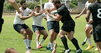 Buy stock photo Rugby, fitness and tackle with men on field for game, match and preparation or competition. Sports, training and teamwork with group of athletes outdoor for club practice, tournament or exercise