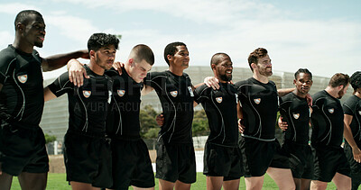 Buy stock photo Men, line and huddle with team for sports, unity or active solidarity together on grass field. Male people, athletes or players in row with group for competition, outdoor match or rugby game on pitch