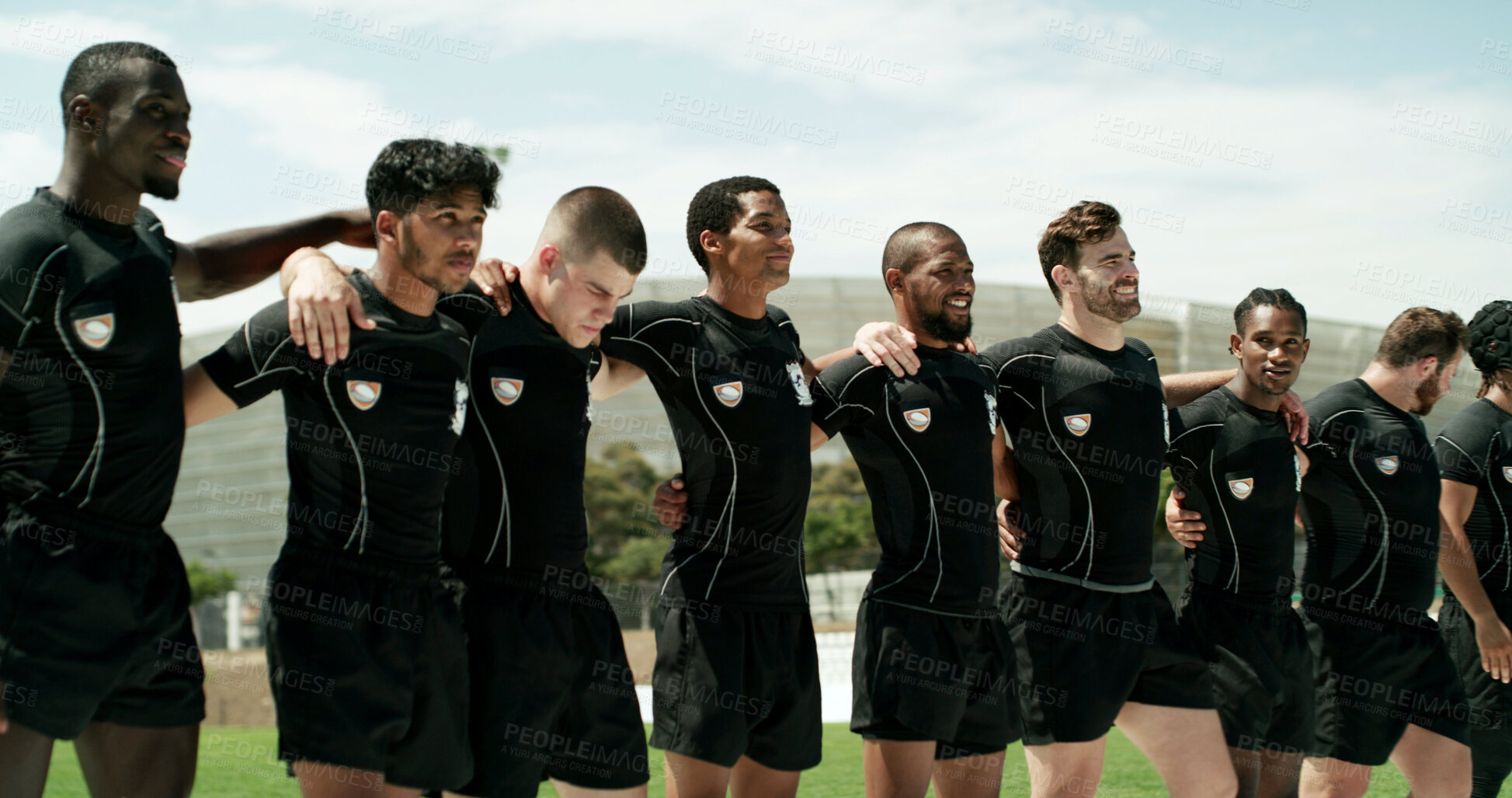Buy stock photo Men, line and huddle with team for sports, unity or active solidarity together on grass field. Male people, athletes or players in row with group for competition, outdoor match or rugby game on pitch