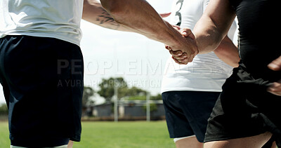 Buy stock photo People, sport and handshake with team on grass field for match, good game or thank you on pitch. Active, athlete or players shaking hands for friendly sportsmanship, gratitude or competition together