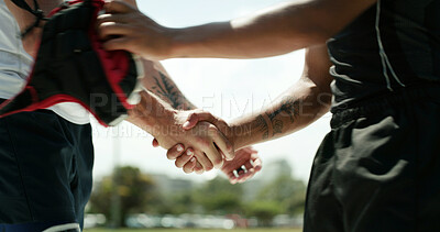 Buy stock photo People, sport and handshake with team for match, good game or thank you on outdoor pitch. Active, athlete or players shaking hands with opponent for sportsmanship, gratitude or competition together