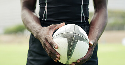 Buy stock photo Rugby, exercise and hands of man with ball on field for tournament match, person and competition. Sports, athlete and player with training, workout and fitness for practice, performance or contest