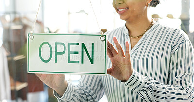 Buy stock photo Hands, open and sign with woman in small business boutique for commerce or retail. Entrepreneur, glass door and smile with happy person at shop entrance for management as owner of startup store