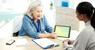 Buy stock photo Tablet screen, checkup and doctor with woman in hospital for medical diagnosis or treatment plan. Space, digital technology and mature healthcare worker with female patient for consultation in clinic