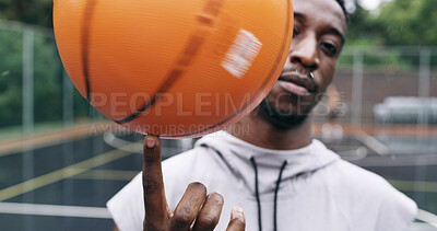 Buy stock photo Portrait, man and fitness with basketball on court, exercise and match practice with technique. Balance, person or sports training with challenge, serious and skill development for tournament or spin