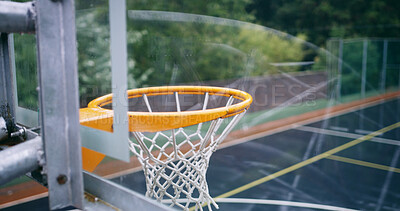 Buy stock photo Basketball net, sports and fitness with hoop on court for game, match or competitive event. Exercise, training and facility with equipment outside, target and backboard for tournament and practice