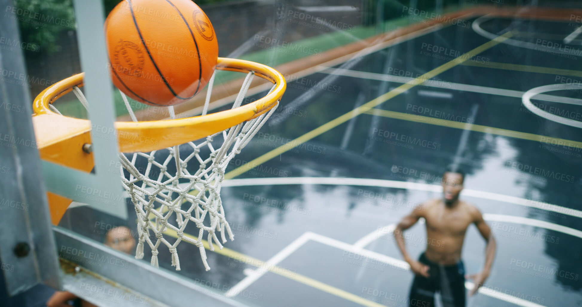 Buy stock photo Men, net and play at basketball court with shooting, fitness training or rim with glass for sports club. People, outdoor and score points with pick up game, exercise or above with match for challenge