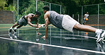 Basketball court, men and push up for training, challenge and energy for competition. Outdoor, players and friends with support for wellness, exercise and cardio workout for tournament and healthy