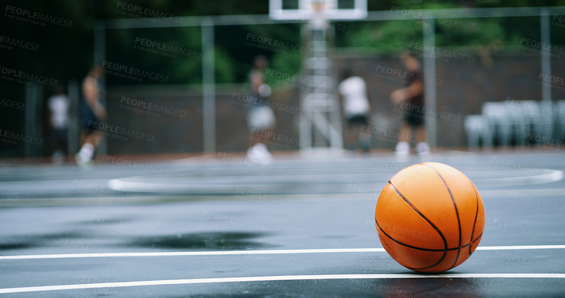 Buy stock photo Basketball ball, sports and court for outdoor competition, fitness and play on college campus. Hobby, asphalt and game playground space for match, morning and practice ground at athletic club