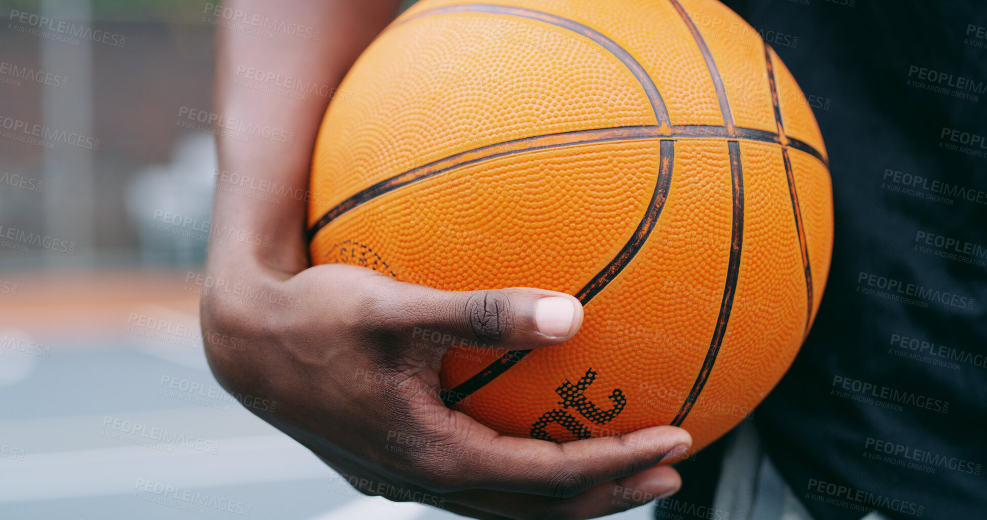 Buy stock photo Basketball, sport and hands in court for tournament game, match or outdoor fitness in urban park. Grip, male person or athlete on pitch with ball or competition for training, exercise or practice