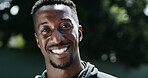 Fitness, portrait or black man outdoor with smile, positive attitude or workout hobby on weekend break. Happy, bokeh or athlete in park with space, confidence and good mood in training activity.