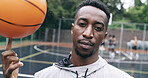 Portrait, man and practice with basketball on court, exercise and match training with technique. Fitness, person and player with positive attitude, competition and skill development for tournament