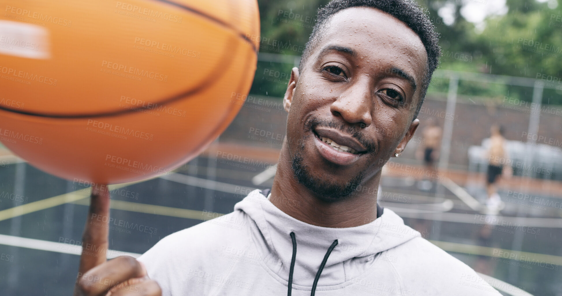 Buy stock photo Portrait, man and smile with basketball, exercise and match practice for sports tournament. Happy, person or player with training for competition, challenge and skill development with fitness or ball