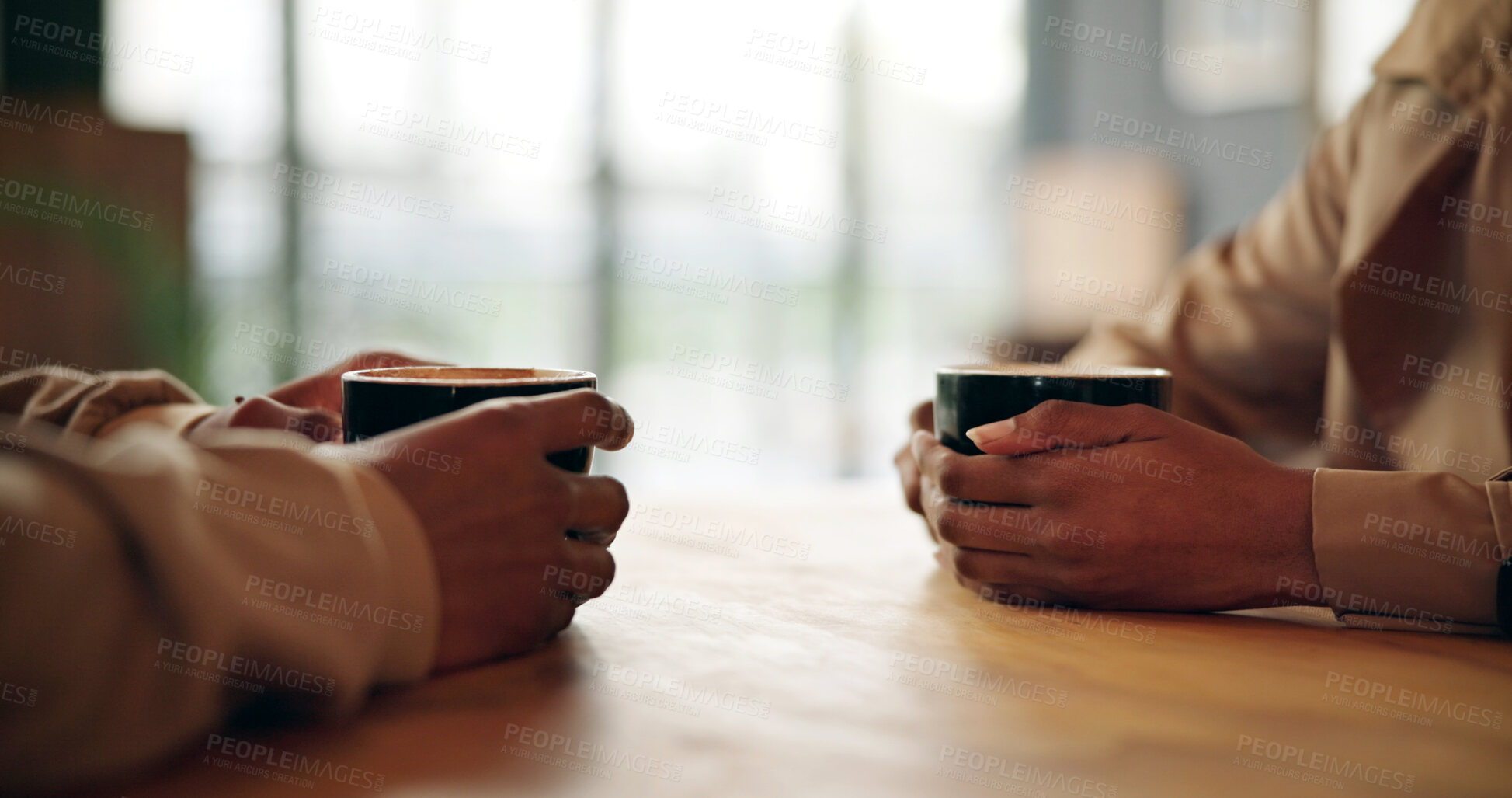 Buy stock photo Hands, love and couple in coffee shop on date in morning with bonding, support or care. Communication, comfort and man with woman for connection in restaurant for relationship, commitment or trust