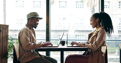 Buy stock photo Laptop, remote work and typing with black couple in coffee shop together for planning or research. Afternoon, computer and smile with happy people in restaurant for freelance or hybrid career