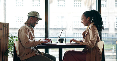 Buy stock photo Laptop, remote work and smile with black couple in coffee shop together for planning or research. Afternoon, computer and typing with happy people in restaurant for freelance or hybrid career