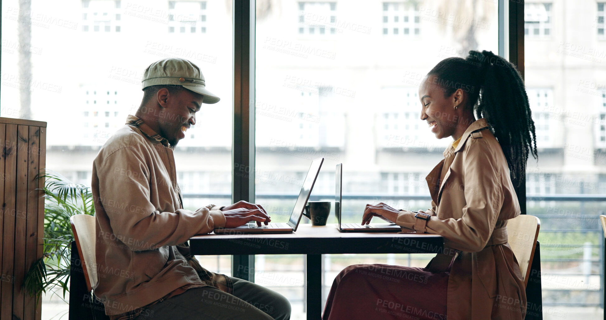 Buy stock photo Laptop, remote work and smile with black couple in coffee shop together for planning or research. Afternoon, computer and typing with happy people in restaurant for freelance or hybrid career