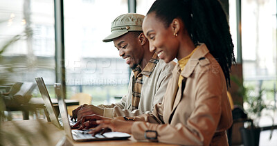 Buy stock photo Happy, laptop and remote work with black couple in coffee shop together for planning or research. Afternoon, computer and smile with people typing in restaurant for freelance or hybrid career