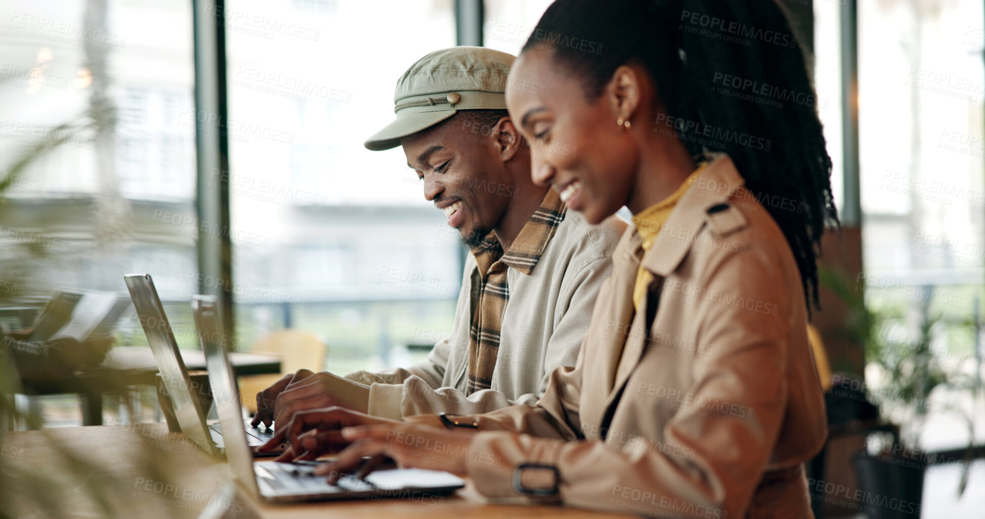 Buy stock photo Happy, laptop and remote work with black couple in coffee shop together for planning or research. Afternoon, computer and smile with people typing in restaurant for freelance or hybrid career