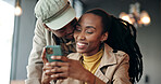 Love, black couple and romantic selfie in cafe for anniversary date, social media post and bonding. Photo, happy people and affection in coffee shop for healthy relationship, status update or support