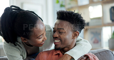 Buy stock photo Happy, couple and black people in home with hug, loyalty and bonding together for soulmate connection. Smile, woman and man dating with embrace for caring relationship, love and affection in lounge.