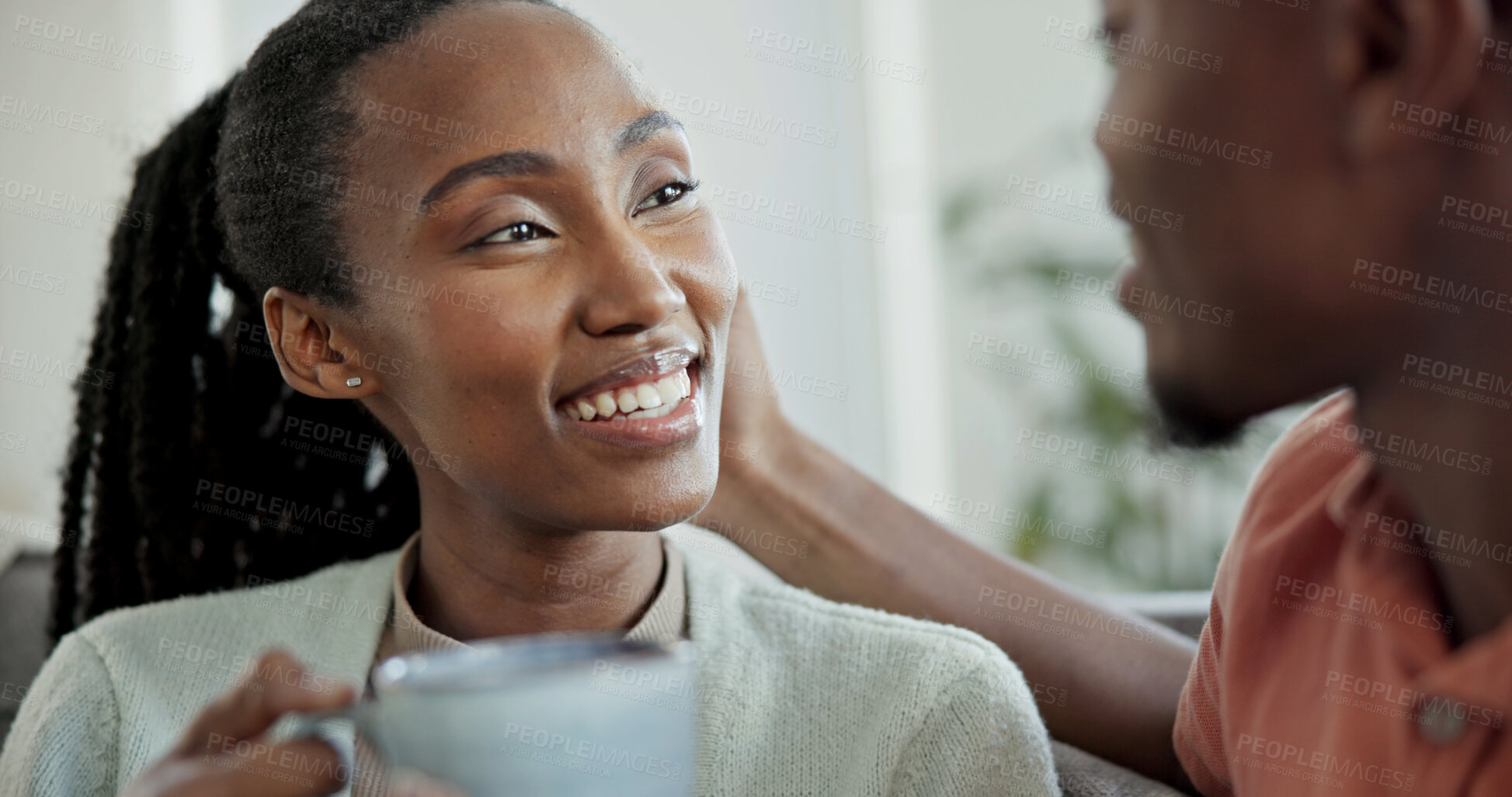 Buy stock photo Happy, couple and black people in living room with coffee, care and love bonding together in morning. Woman, man and dating with connection for relationship commitment, loyalty and tea in house.