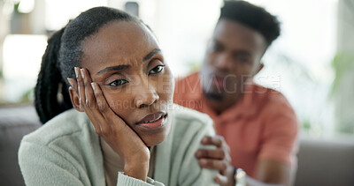 Buy stock photo Disappointed, woman and couple in home with conflict, relationship problem and contemplating breakup. Sad, girlfriend and black people dating with argument, disagreement and cheating affair in house.