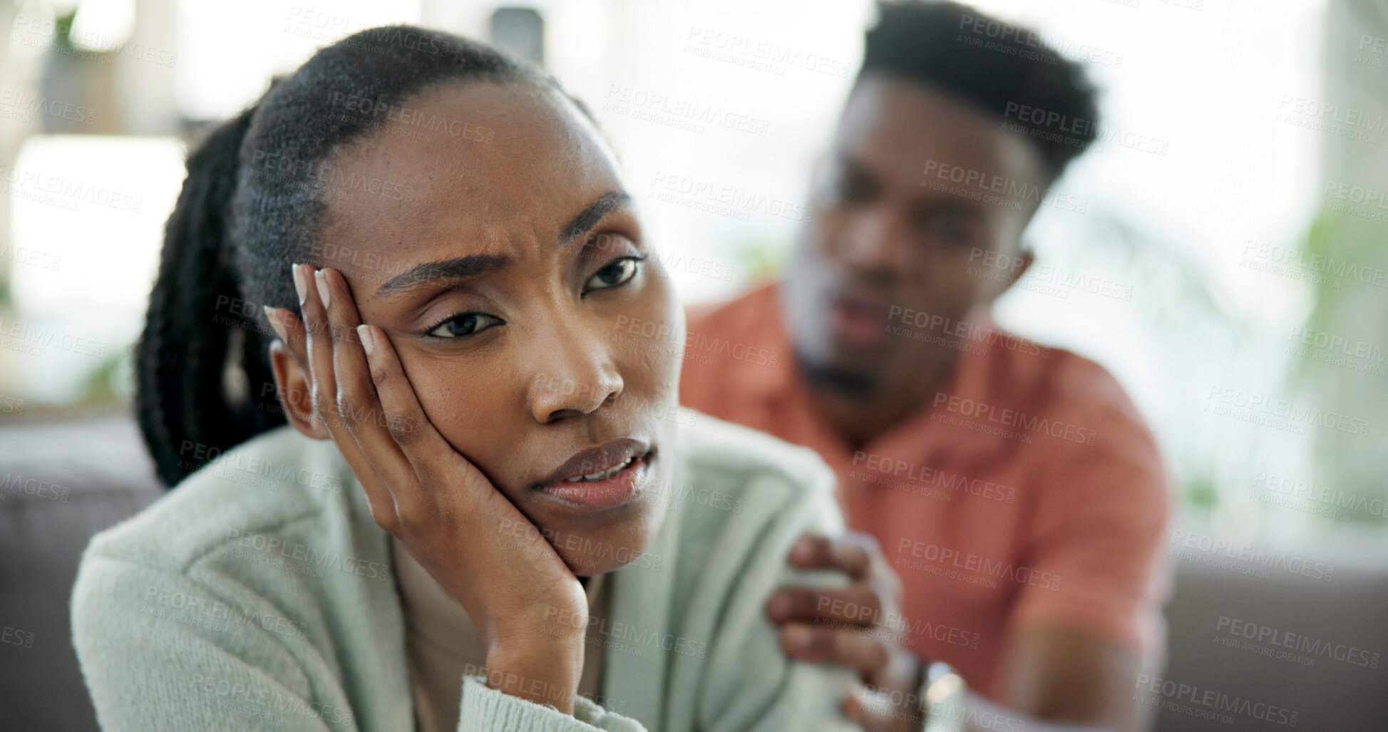 Buy stock photo Disappointed, woman and couple in home with conflict, relationship problem and contemplating breakup. Sad, girlfriend and black people dating with argument, disagreement and cheating affair in house.