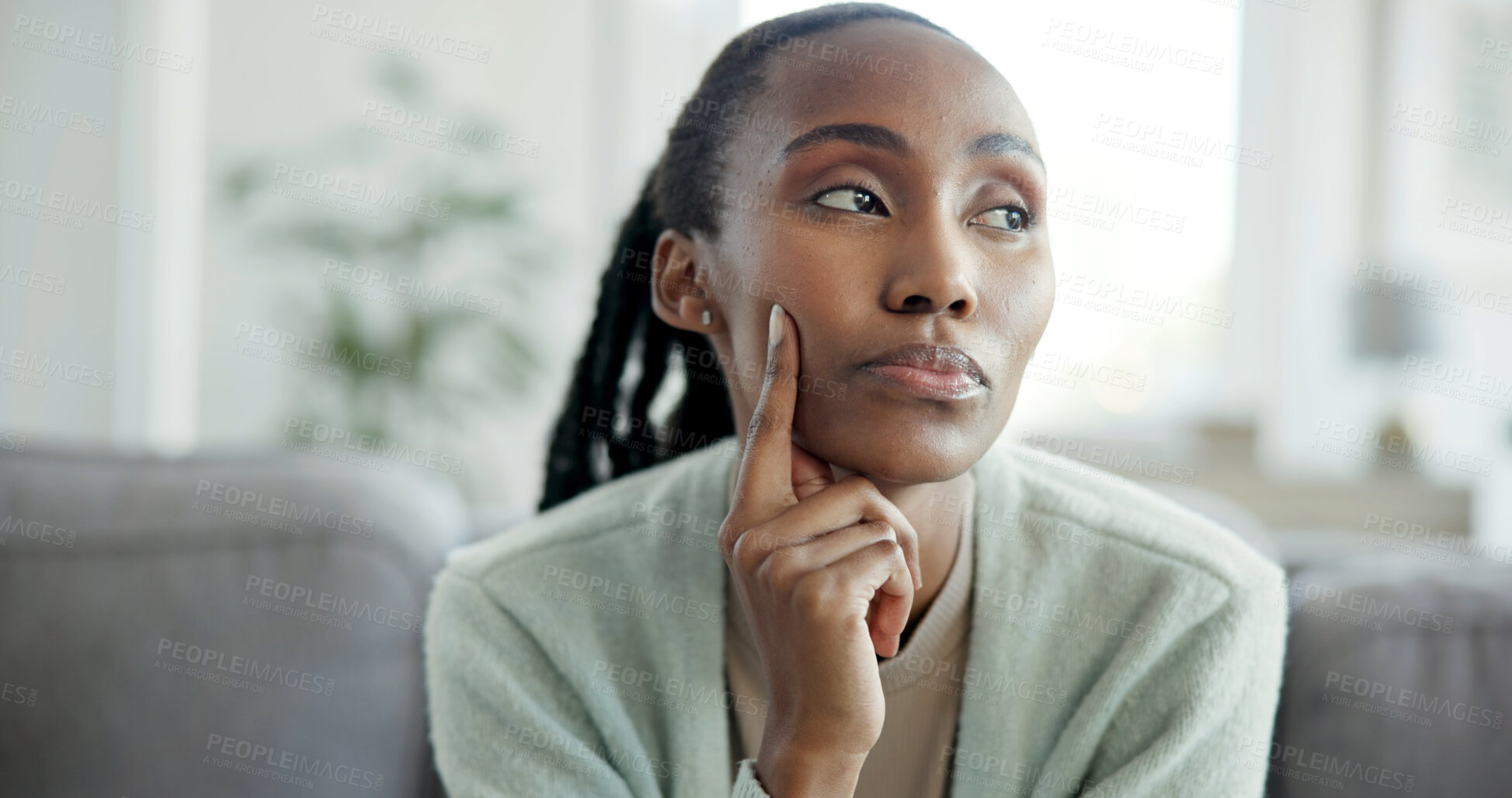 Buy stock photo Thinking, waiting and black woman on sofa in home with memory, reflection or nostalgia in living room. Decision, planning and African female person with guess, solution or bored in apartment.