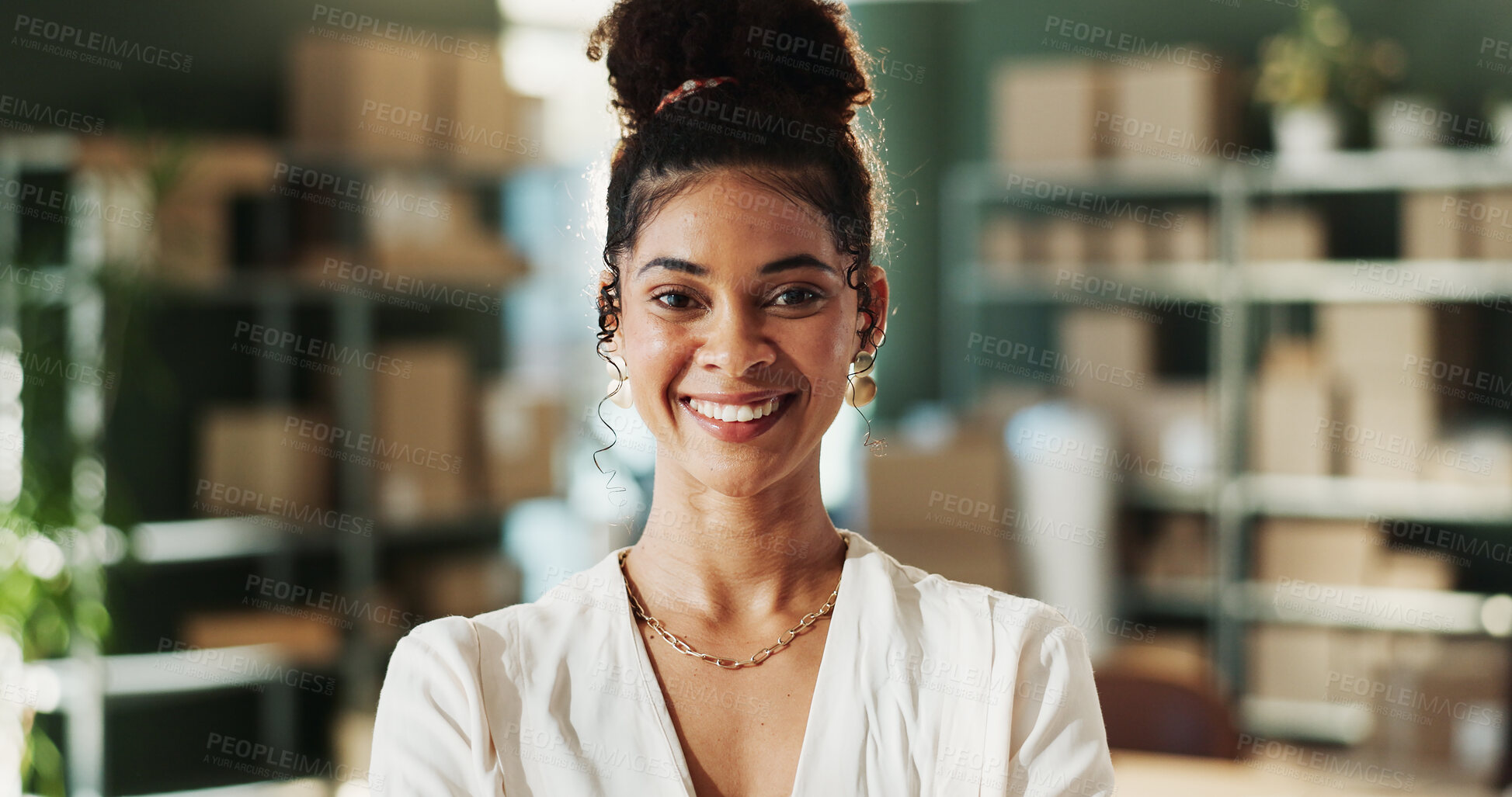 Buy stock photo Portrait, smile and woman in office for ecommerce startup, logistics procurement and supply chain. Shipping, entrepreneur and happy person in workplace for distribution, about us and small business