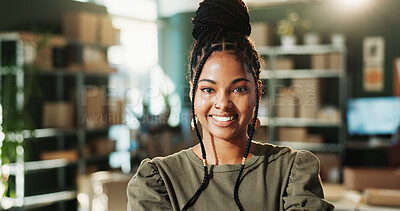 Buy stock photo Logistics, portrait or woman in office with smile, positive attitude or about us in supply chain. Distribution, African person or supplier with optimism, confidence or career pride in courier service