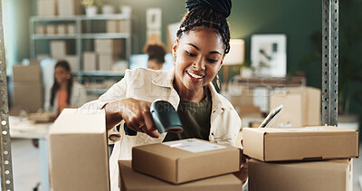 Buy stock photo Woman, smile or scan box in workplace for inventory check, ecommerce or pricing at boutique. Happy, person or employee with barcode for information, distribution tracking or app for shipping schedule