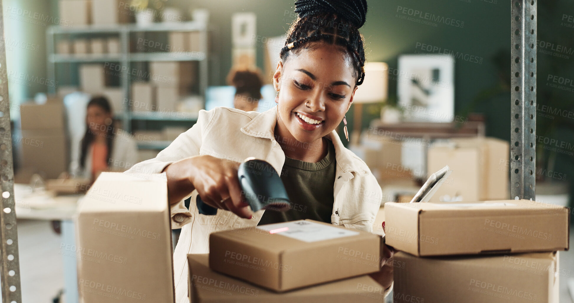 Buy stock photo Woman, smile or scan box in workplace for inventory check, ecommerce or pricing at boutique. Happy, person or employee with barcode for information, distribution tracking or app for shipping schedule