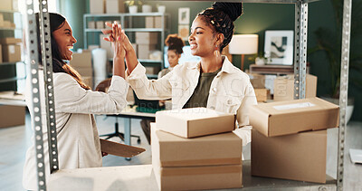 Buy stock photo Ecommerce, team and high five in office with boxes, excited and achievement for distribution success. Happy, people and celebration in small business with package, collaboration and logistics goals.