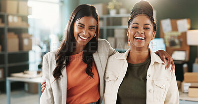 Buy stock photo Women, portrait and small business team at office with laughing, courier and entrepreneurship growth. Female people, dropshipping startup or partnership pride in export with happiness and development