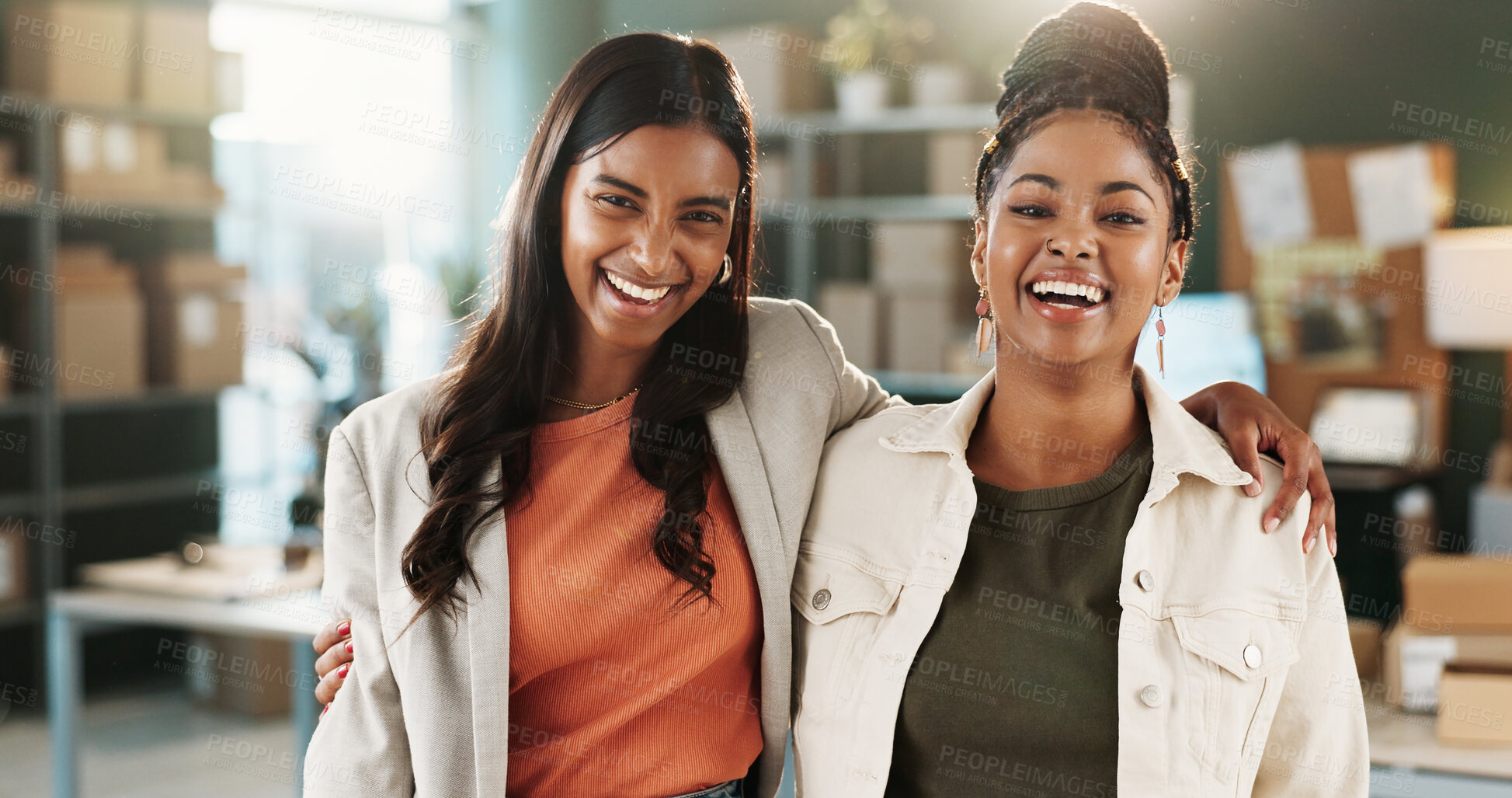 Buy stock photo Women, portrait and small business team at office with laughing, courier and entrepreneurship growth. Female people, dropshipping startup or partnership pride in export with happiness and development