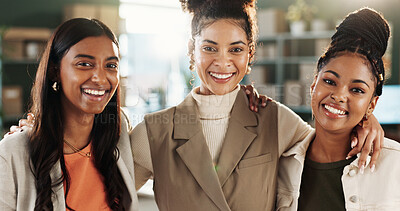 Buy stock photo Women, portrait and small business group at office with team, courier and entrepreneurship growth. Female people, dropshipping startup or partnership pride in export with happiness and development
