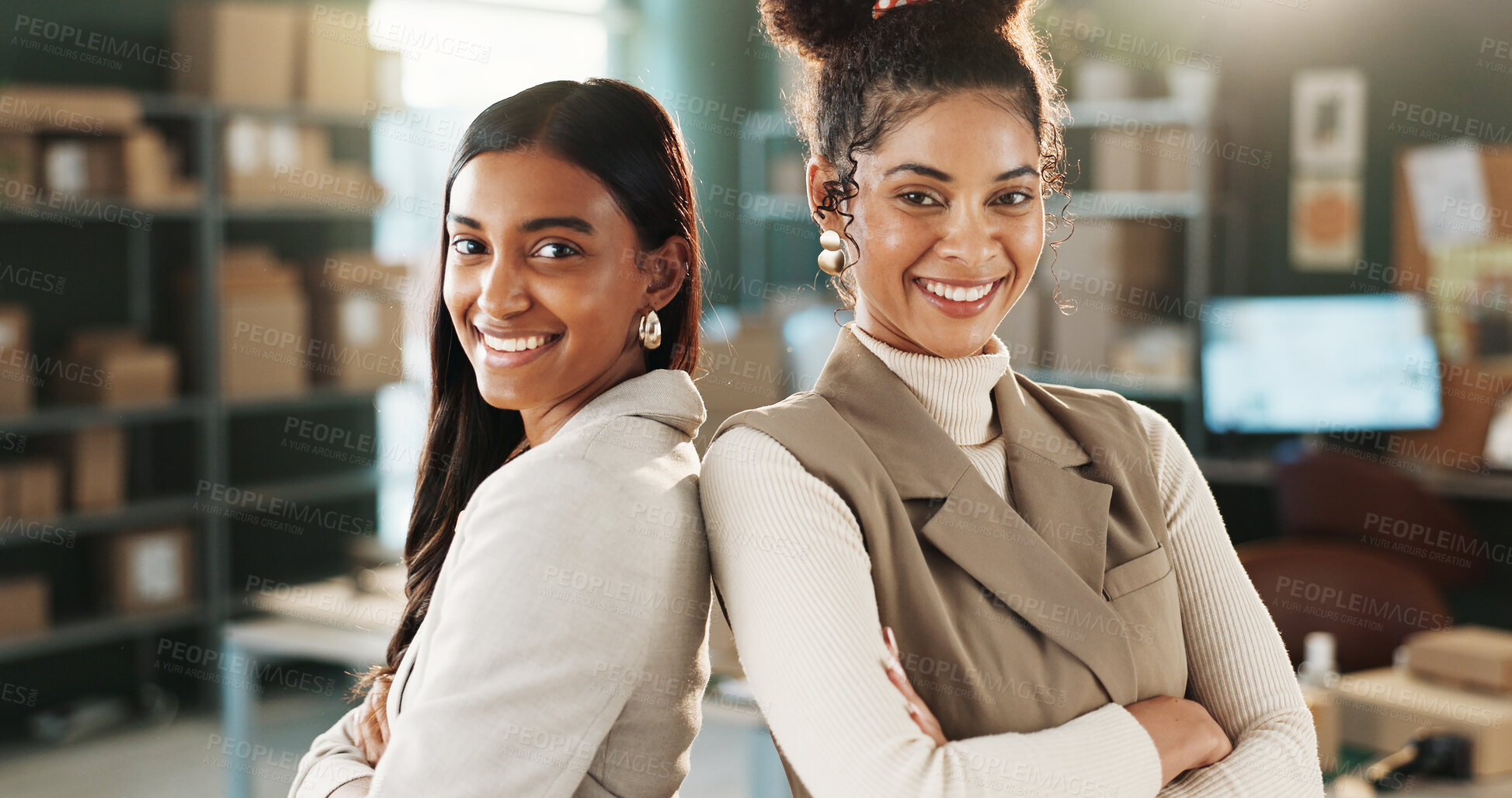 Buy stock photo Women, portrait and small business with arms crossed at office for team, courier and development. Female people, dropshipping startup or partnership pride in export, happy and entrepreneurship growth
