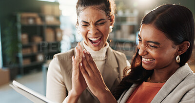 Buy stock photo Excited, team and high five in small business with tablet, sales target and notification for success. Happy, women and celebration in ecommerce office with tech, collaboration and logistics goals.