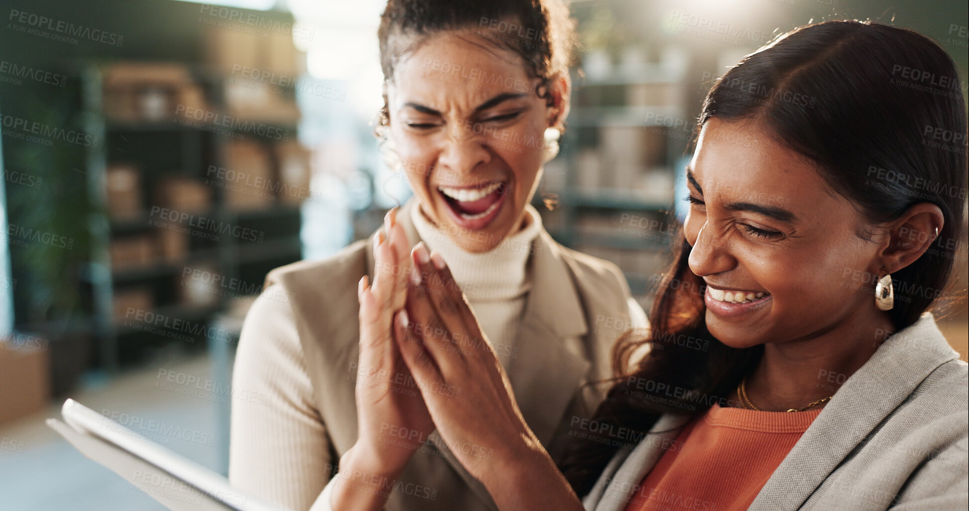 Buy stock photo Excited, team and high five in small business with tablet, sales target and notification for success. Happy, women and celebration in ecommerce office with tech, collaboration and logistics goals.