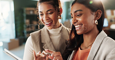 Buy stock photo Ecommerce, team and smile in office with tablet, supply chain and good news for courier delivery. Happy, women and collaboration in small business with tech, email or positive feedback for logistics.