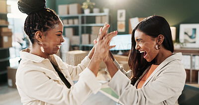 Buy stock photo High five, logistics and success with women in office together for delivery or distribution goals. Collaboration, support and teamwork with excited supply chain employees in warehouse for celebration
