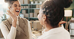 High five, logistics and support with women in office together for delivery or distribution goals. Collaboration, success and teamwork with excited supply chain employees in warehouse for celebration