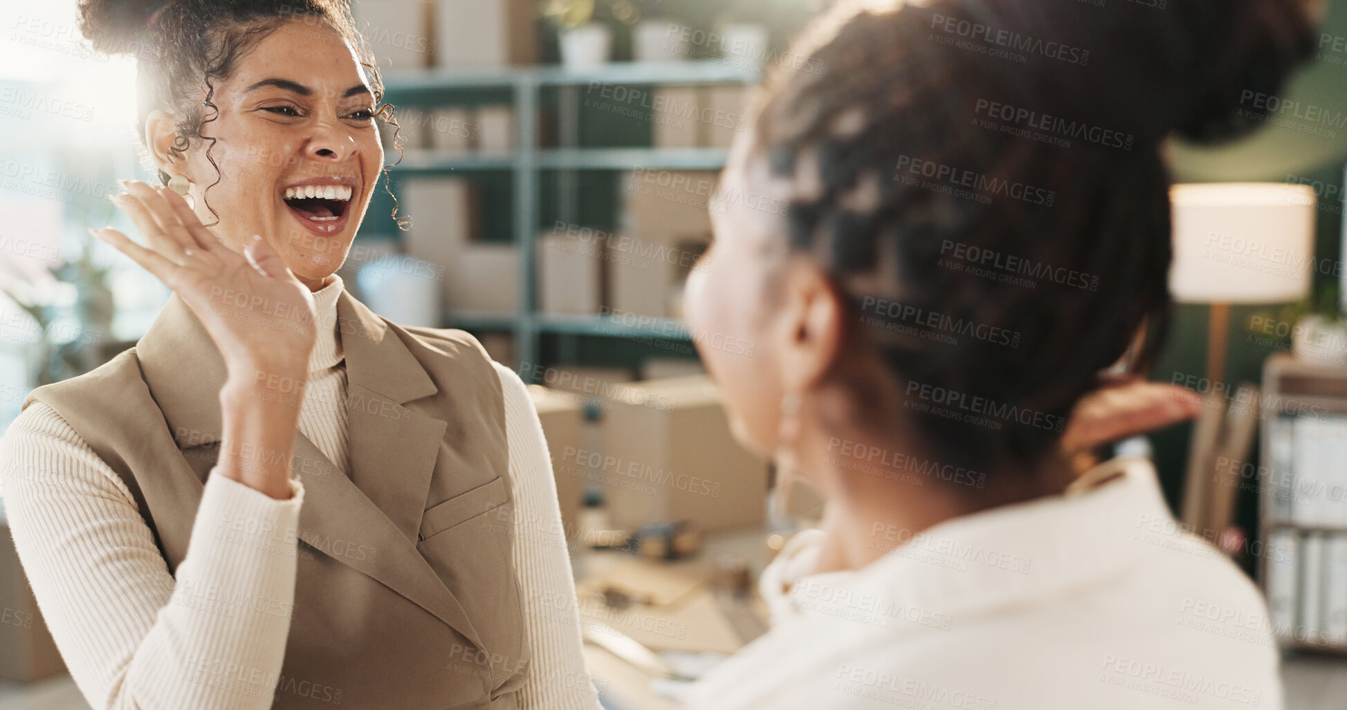 Buy stock photo High five, logistics and support with women in office together for delivery or distribution goals. Collaboration, success and teamwork with excited supply chain employees in warehouse for celebration