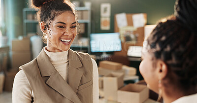Buy stock photo Woman, conversation and small business at office with team, courier or supply chain discussion. Female people, dropshipping startup or partnership in export, happy and meeting for distribution agenda