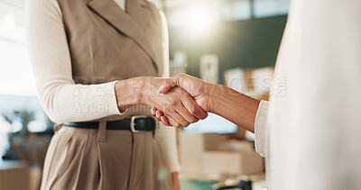 Buy stock photo Woman, logistics or handshake with small business partner for thank you, deal or agreement. People, supplier or distributor shaking hands for b2b service, partnership or supply chain startup together