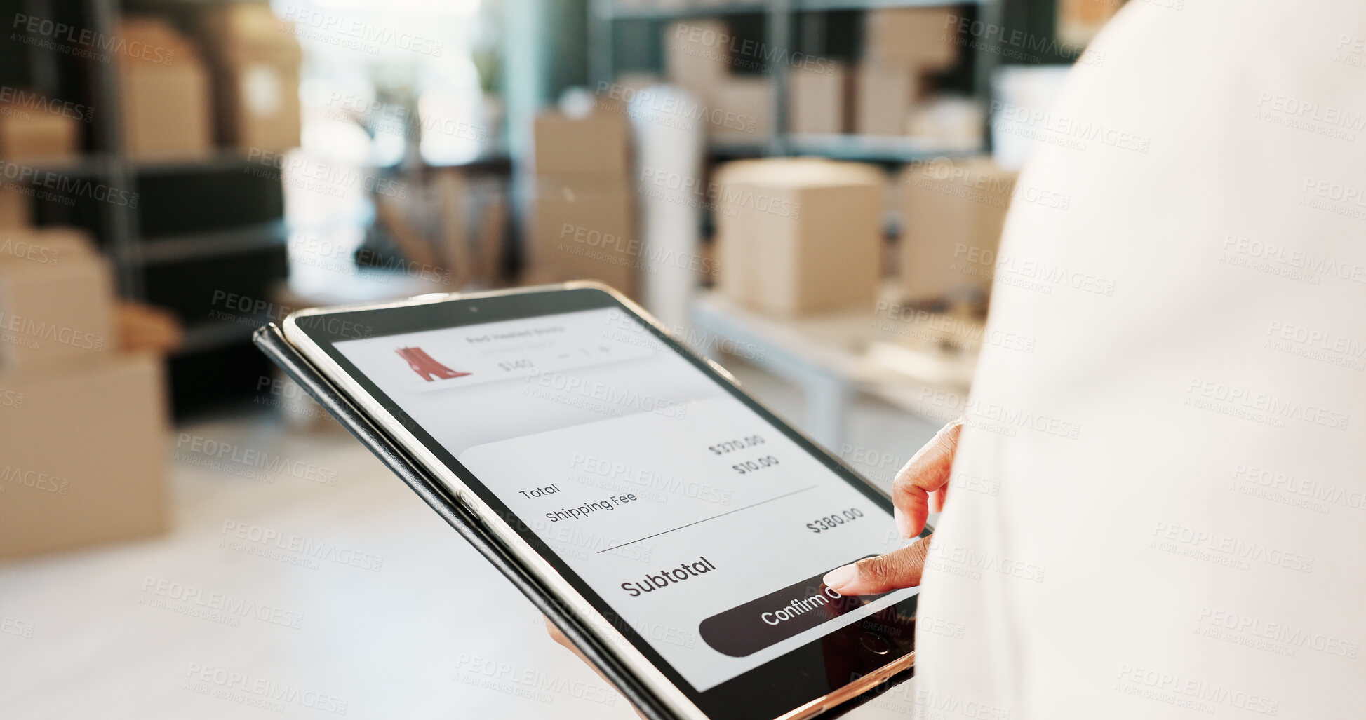 Buy stock photo Logistics, tablet screen or hands in warehouse with checkout, payment or app notification. Entrepreneur, person or tech in small business for ecommerce, customer experience or online shopping service
