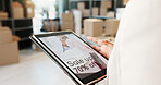 Logistics, tablet screen or hands in warehouse with website, sale update or app notification. Entrepreneur, person or tech in small business for ecommerce, black friday promo or online shopping offer