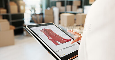 Buy stock photo Ecommerce, tablet screen and hands in warehouse with fashion, shoe sale and distribution app. Entrepreneur, person and tech in small business with catalog, check stock and online shopping offer